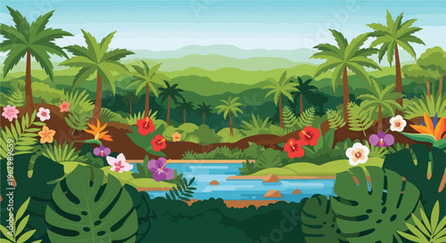 A vibrant, colorful cartoon depiction of a tropical jungle landscape