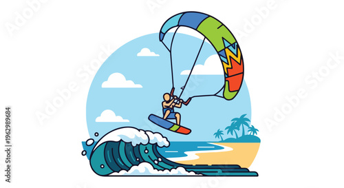 A vibrant illustration depicts kitesurfing on a sunny beach day