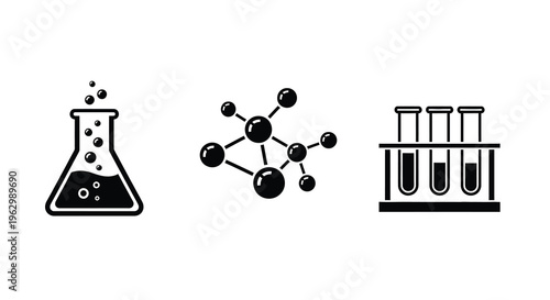 Scientific glassware and molecular structures in a black silhouette