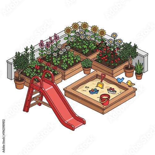 Isometric illustration of a vibrant rooftop garden featuring raised flower beds, a children's sandbox with toys, and a red slide, creating a playful urban oasis.