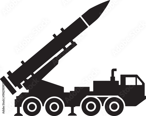 A black silhouette graphic representation showing a heavy military transport truck equipped with a large ballistic missile system mounted on the rear chassis ready for deployment in a combat zone Vect