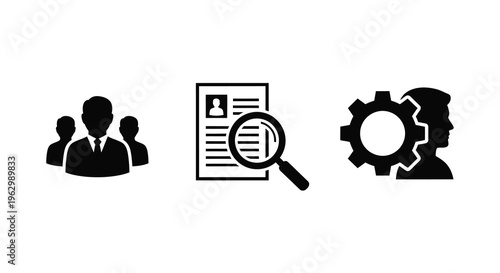 Recruitment process icons candidates resume and mechanics silhouette
