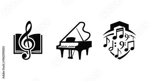 Musical emblems featuring a piano book and building silhouette