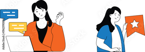 Two women engaging in positive feedback and communication through digital and physical means together happily