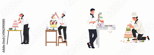 Professional pastry chefs and confectioners decorating various ornate multi-tiered celebration cakes, flat vector illustration set.