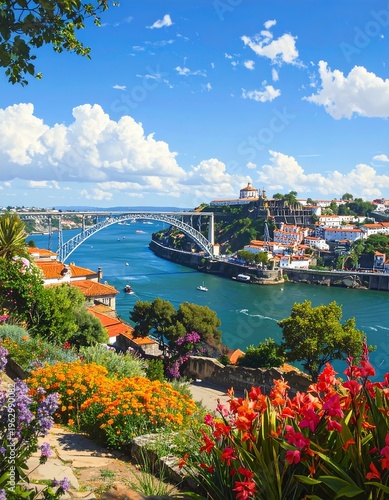 A scenic view of a river running through a town with a bridge and flowers