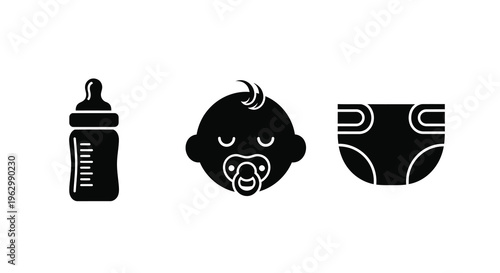 Baby essentials bottle sleeping child and diaper a black silhouette