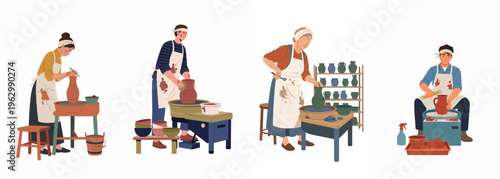 Flat Vector Illustration of Artisans Crafting Ceramic Pots on Pottery Wheels, Featuring Men and Women of Different Ages in a Workshop
