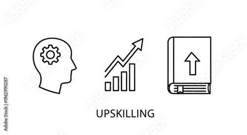 Icons representing learning growth and knowledge with upskilling silhouette