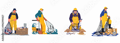Set of flat vector illustrations featuring professional fishermen in yellow waterproof gear catching and handling fresh fish using nets and crates.