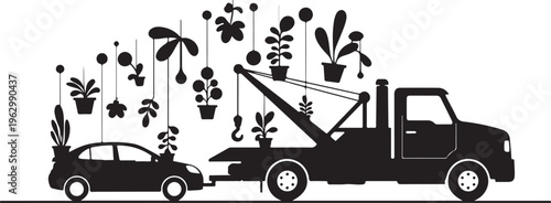 Black silhouette of a tow truck towing a car with hanging potted plants