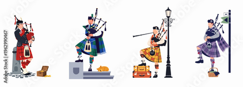 Set of flat vector illustrations of male Scottish bagpipers in traditional colorful kilts performing in various outdoor street settings