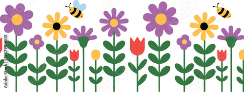 Colorful spring flowers and bees garden border illustration with blooming wildflowers decorative nature floral vector design