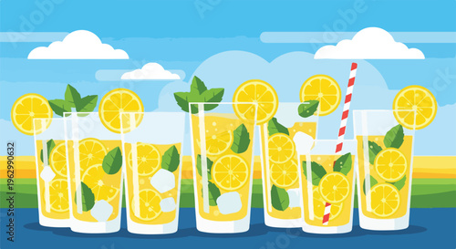 A vibrant illustration showcasing chilled drinks with lemon slices and mint