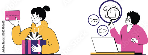 Two women shopping online with credit card and gift box while browsing fashion and accessories categories on laptop