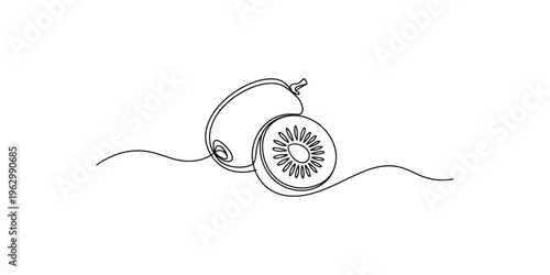 Continuous line drawing of a kiwi fruit and a sliced kiwi one minimalist simple black