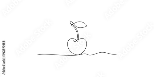 Continuous line drawing of a single cherry with leaf on white background one art fruit