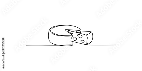 A line drawing of a wheel of cheese with a wedge cut out illustration food