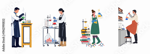 Collection of diverse male and female scientists performing various chemical experiments and research in a laboratory setting, flat vector illustration style.