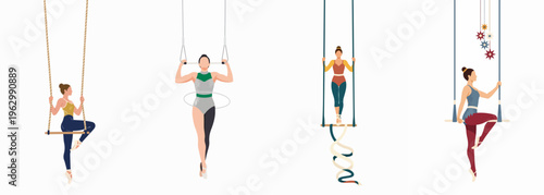 Set of flat vector illustrations of female trapeze artists performing aerial acrobatics and circus acts isolated on a white background.