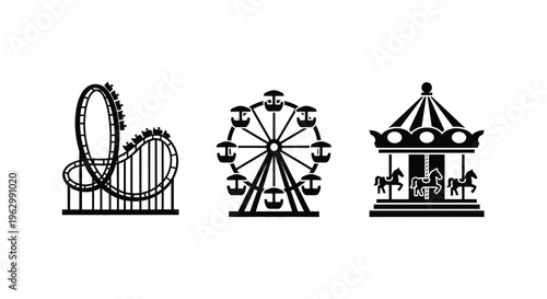 Amusement park rides including a rollercoaster ferris wheel and carousel silhouette