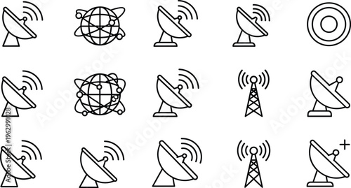 satellite, communication, icons, network, signal, antenna, wireless, technology, transmission, internet, connection, radar, digital, design, vector, illustration, isolated, modern, set, symbols