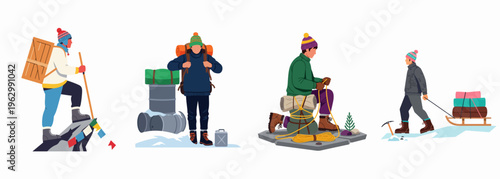 Set of vector illustrations featuring mountaineers and explorers preparing gear, climbing, and pulling a sled during a cold mountain winter expedition.