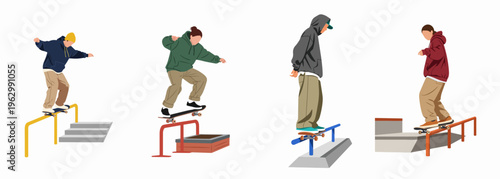 Set of flat illustrations showing young skateboarders performing grinding and sliding tricks on rails and ledges in a minimalist style.