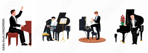 Set of Illustrations Featuring Male Pianists in Formal Attire Performing and Bowing at Grand Pianos