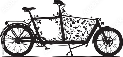 Black silhouette of a vintage tandem bicycle with floral