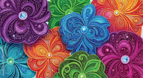 A vibrant composition of stylized flowers in various vivid colors