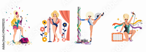 Set of colorful drag queen character illustrations performing on stage with glittery outfits, glamorous wigs, and microphones in a flat art style.