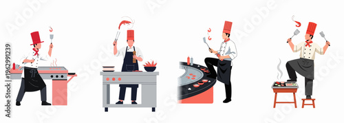Set of professional teppanyaki chefs performing culinary tricks and cooking on flat-top grills, isolated on a white background.