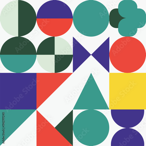 A vibrant composition using colorful geometric shapes in a grid formation