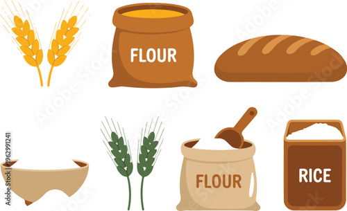 Grain and flour products set with wheat rice bread and sacks natural food ingredients vector illustration collection