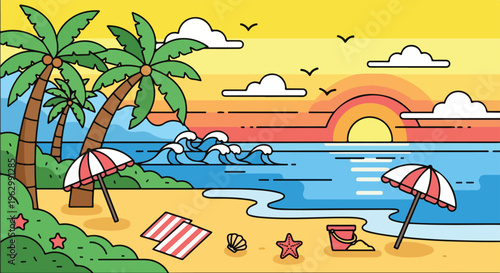 A vibrant illustration shows a beach scene at sunset with palm trees