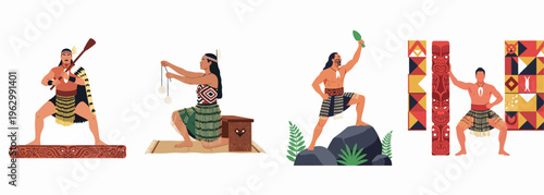 Illustrations of Maori people showcasing traditional culture, dance, weapons, and wood carvings from New Zealand, including a haka performer, poi dancer, and warrior.