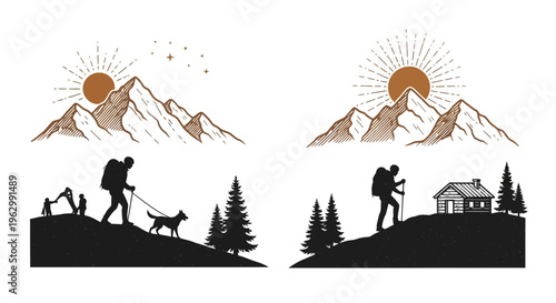 Mountain hiking adventure illustrations with sun stars trees and dog elements