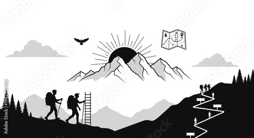 Mountain hiking adventure silhouette travelers explore peaks sun and trails