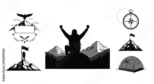 Mountain silhouette set hiking adventure and outdoor exploration icons