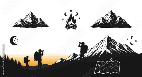Mountain landscape illustration featuring hikers campfire and navigation map elements