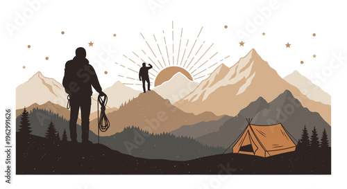 Mountain landscape illustration featuring hikers silhouette and camping scene
