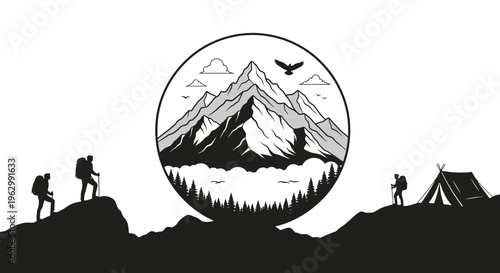 Mountain landscape illustration featuring hikers nature and camping elements