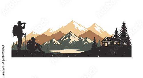 Mountain landscape illustration featuring hikers trees and a cabin silhouette