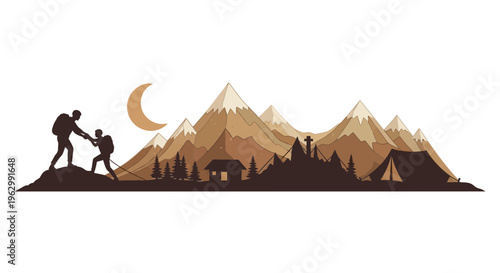 Mountain landscape illustration featuring hikers tents and cabin under a moon