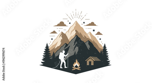Mountain landscape illustration of hiker near campfire and cabin outdoor adventure