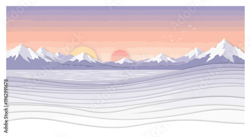 Mountain landscape illustration sunset dawn sun sky nature