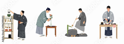 Vector illustration set of a man in traditional Japanese attire performing tea ceremony rituals, ikebana flower arrangement, and mindful cultural practices.
