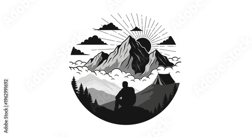 Mountain landscape illustration person tent camping outdoors nature adventure