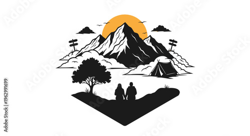 Mountain landscape illustration with couple silhouette camping under sunset